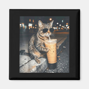 Rolig Katt Dricker Iced Coffee Djur Meme Män Kvinn Magnet