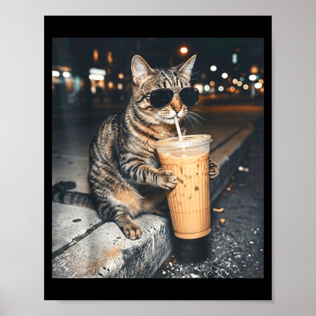 Rolig Katt Dricker Iced Coffee Djur Meme Män Kvinn Poster (Framsidan)