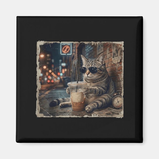 Rolig Katt Dricker Iced Coffee Roligt Djur Meme Magnet (Framsidan)