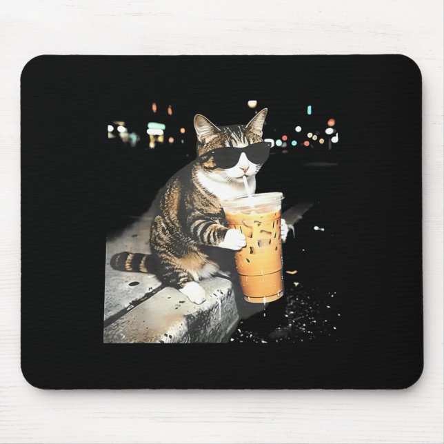 Rolig katt dricker iskaffe musmatta (Framsidan)