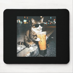 Rolig katt dricker iskaffe rolig kattälskare musmatta