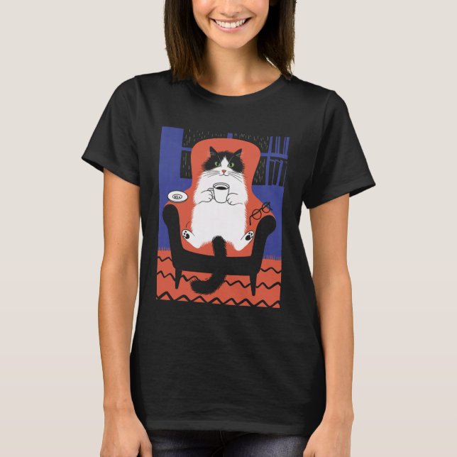 Rolig Katt Dricker Kaffe Långärmad T Shirt (Framsida)