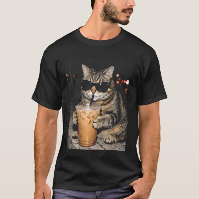 Rolig Katt Drinker Istryckt Kaffe Katt Meme T Shirt (Framsida)