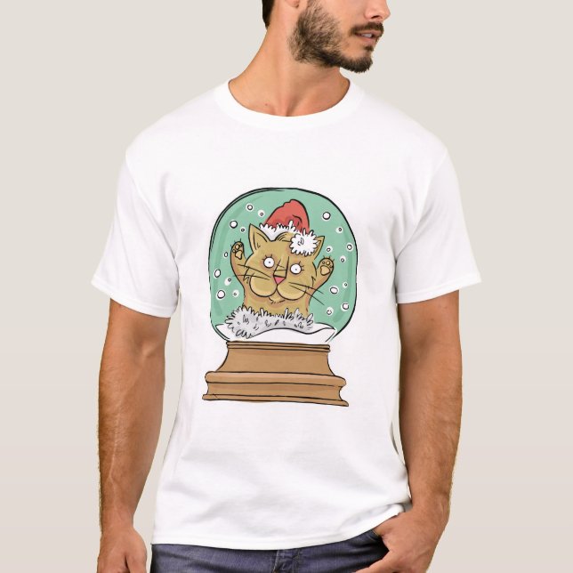 Rolig katt för jul i djur snöjordklotjulafton t shirt (Framsida)