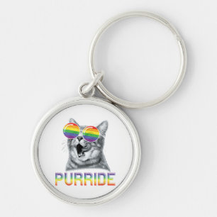 Rolig Katt Gay Pride Regnbåge Solglasögon HBTQ  Rund Silverfärgad Nyckelring