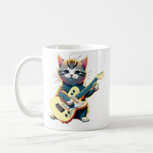 Rolig Katt Gitarr Musik Spelande Litten Instrument Kaffemugg (Vänster)