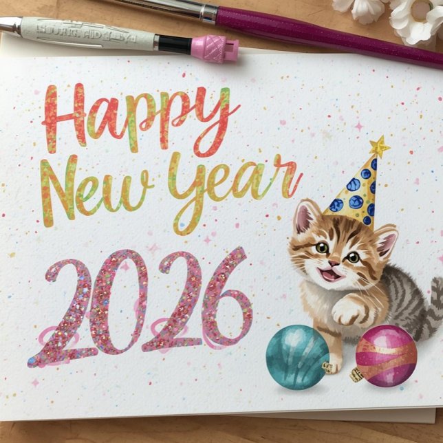 rolig katt Gott Nytt År Platt Kort (Skapare uppladdad)