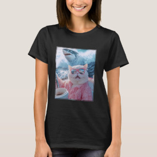 Rolig Katt Haj Meme Selfie Katt på en Yacht Båt T Shirt