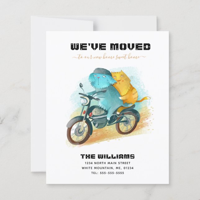 Rolig katt hund kör motorcykel budget flyttkort (Framsida)