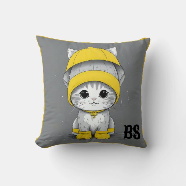 Rolig katt i regnstövlar – katt Humor Kudde (Framsida)