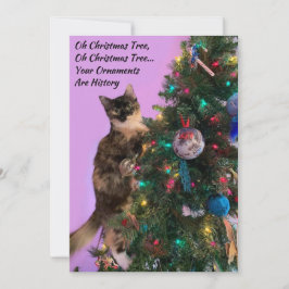 Rolig katt i träd spanar på julgransprydnader julkort