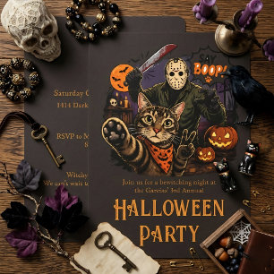 Rolig Katt & Jason Voorhees "Säg Boop!" Halloween  Inbjudningar