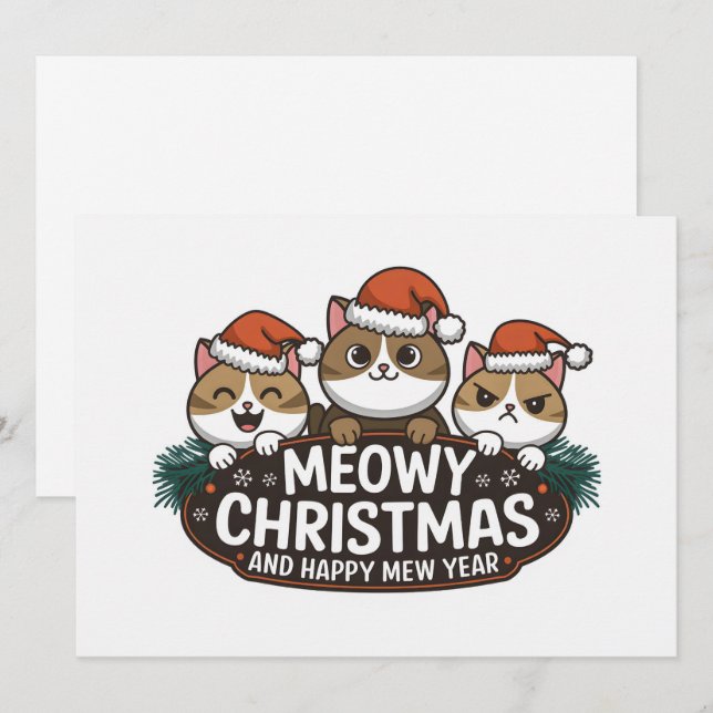 Rolig katt jul meow som bär julhatt  julkort (Fram/baksida)