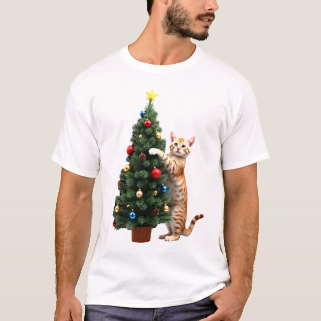 Rolig katt julgran julpresenter män kvinnor barn t shirt (Framsida)