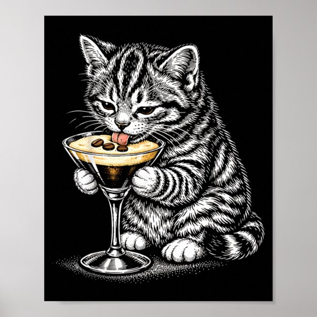 Rolig Katt Kaffe Svans Svart Bläck Kattunge Konst Poster (Framsidan)