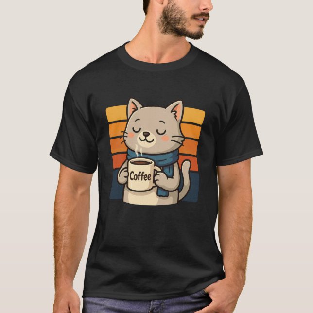 Rolig Katt Kaffe Vintage T Shirt (Framsida)