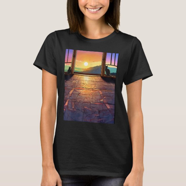 Rolig katt långt fönster med golv t shirt (Framsida)
