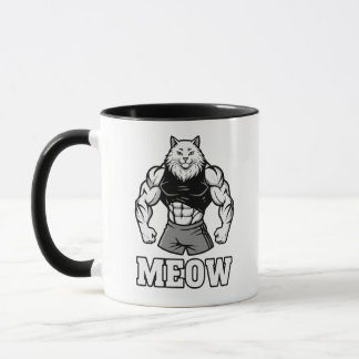 Rolig katt med kroppsbyggarmuskler som visar upp m mugg