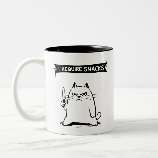 Rolig katt-meme Jag behöver snacks  Två-Tonad Mugg (Vänster)