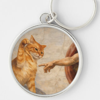 Rolig katt-meme konst Skapelsen av Adam med katt S Rund Silverfärgad Nyckelring