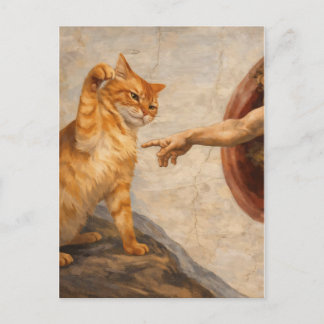 Rolig katt-meme-konst Skapelsen av Adam med katt S Vykort