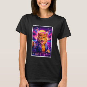 Rolig Katt Meme Retro Synthwave 80s Grafik UFO Sel T Shirt