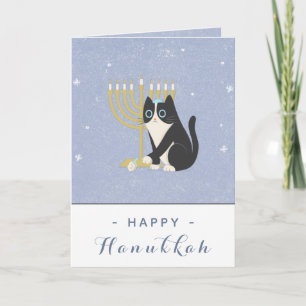 Rolig katt-menorah & dreidel Glad Hanukkah Blå Kort