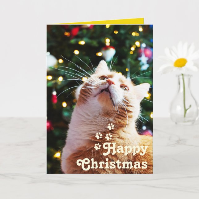 Rolig katt och grön träd&Glad jul unik  C Kort (Liten växt)