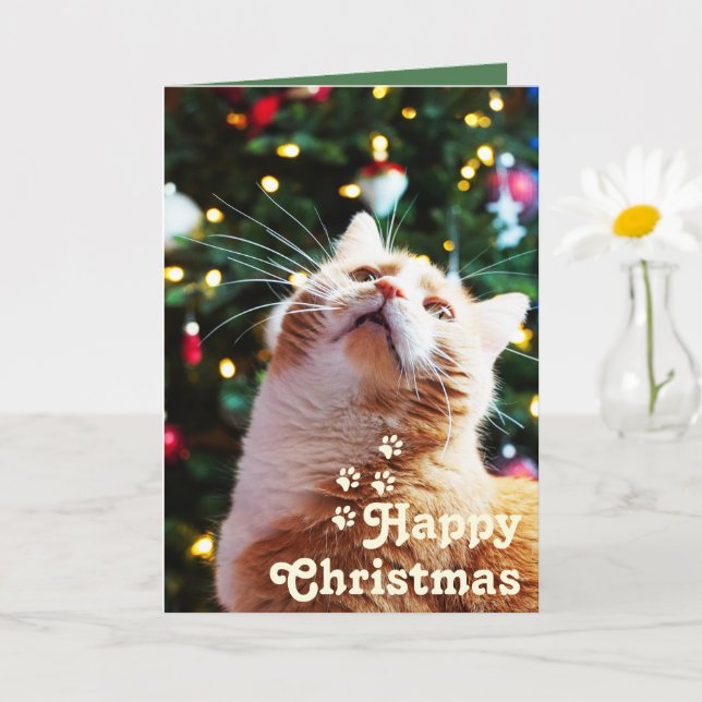 Rolig katt och grön träd&Glad jul Unik   Kort (Liten växt)