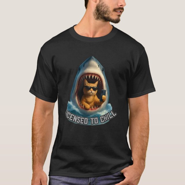 Rolig Katt och Haj Min Chill tee Design Meme Stil (Framsida)