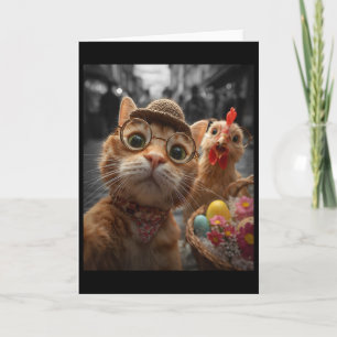 Rolig Katt Och Höna Selfie Vintage Påskägg Kort