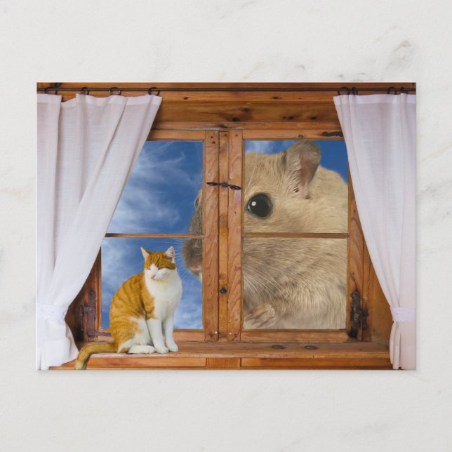 Rolig katt och mus vykort (Framsida)