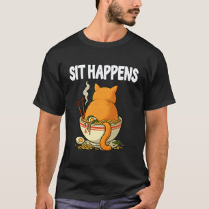 Rolig Katt Ramen Skål Sit Happens Orange Knubbig T Shirt