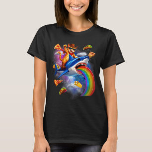 Rolig katt ridande haj regnbåge pizza taco galax t shirt
