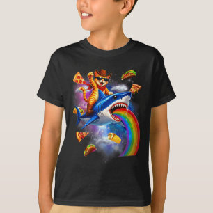 Rolig katt ridande haj regnbåge pizza taco galax t shirt