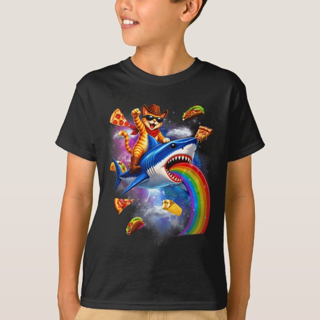 Rolig katt ridande haj regnbåge pizza taco galax t shirt (Framsida)