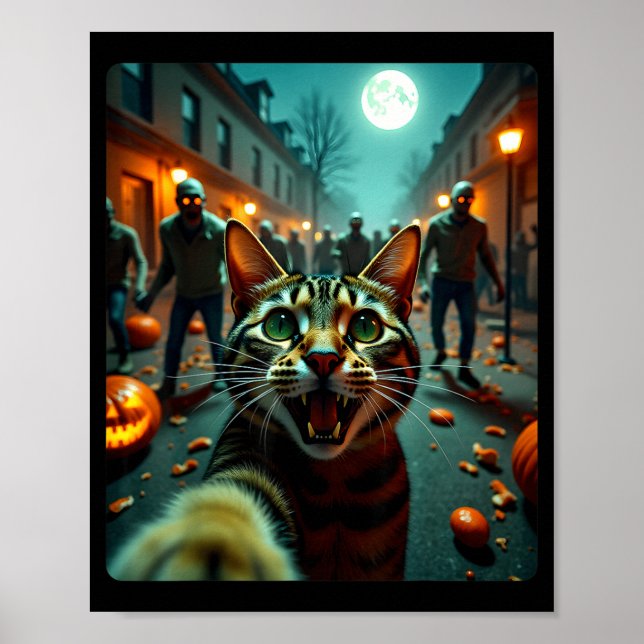 Rolig katt selfie Halloween zombies humor  Poster (Framsidan)