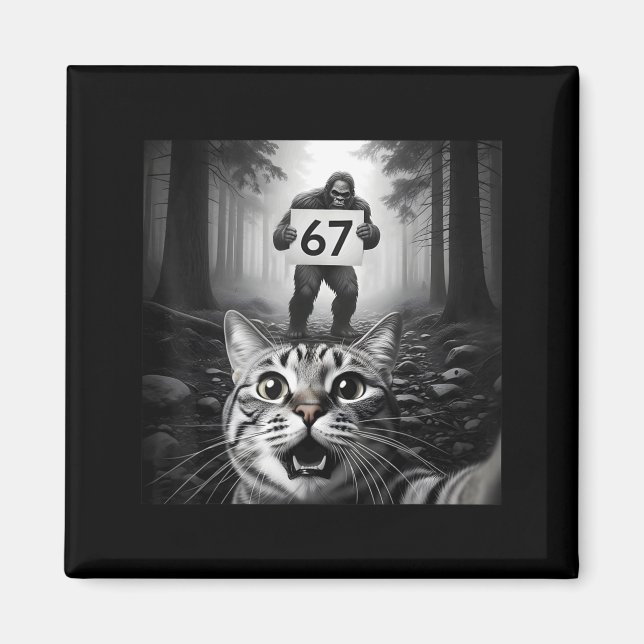 Rolig katt-selfie med Bigfoot 67 Six Seven Meme ja Magnet (Framsidan)