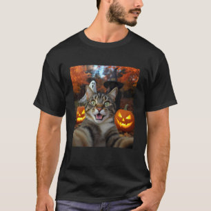 Rolig katt-selfie med en häxa & spöke läskig hallo t shirt