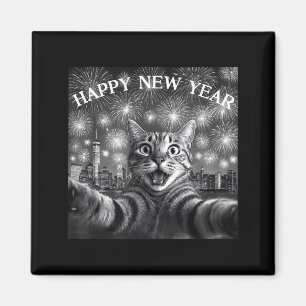 Rolig katt-selfie med fyrverksräkning Glad Nyår Magnet