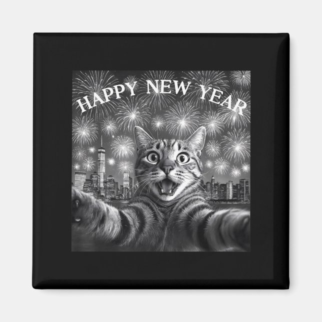 Rolig katt-selfie med fyrverksräkning Glad Nyår Magnet (Framsidan)