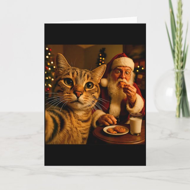 Rolig katt-selfie med tomte jul meme  kort (Framsida)