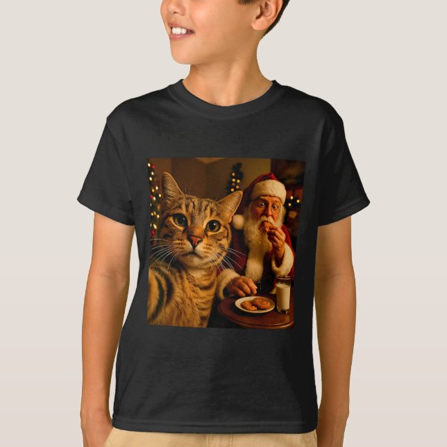 Rolig katt-selfie med tomte jul meme  t shirt (Framsida)