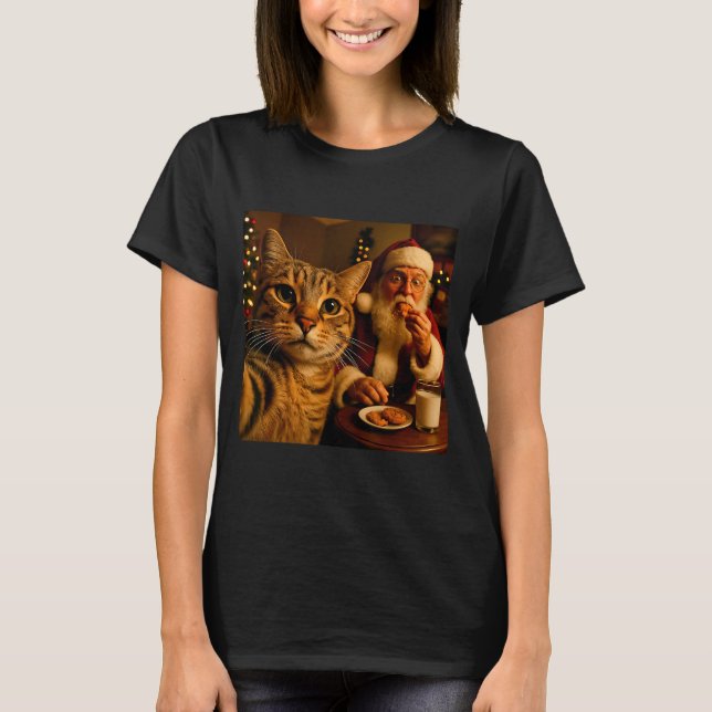 Rolig katt-selfie med tomte jul meme  t shirt (Framsida)