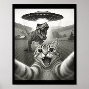 Rolig katt-selfie med utomjording UFO & T-rex Poster