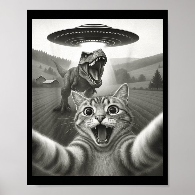 Rolig katt-selfie med utomjording UFO &amp; T-rex  Poster (Framsidan)
