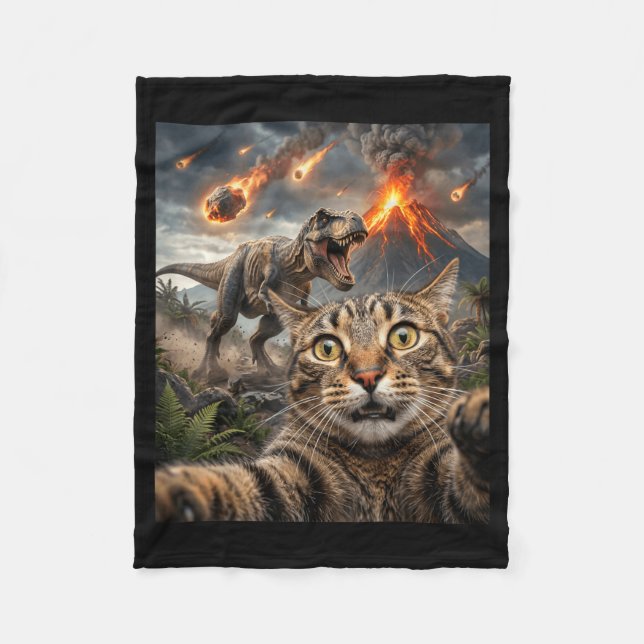 Rolig katt selfie T-Rex dinosaurie Fleecefilt (Framsidan)