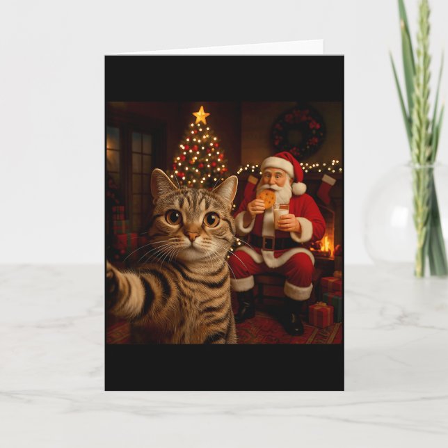 Rolig katt selfie tomte julklappar äter kakor jul kort (Framsida)