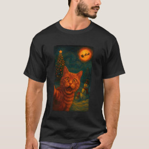 Rolig Katt Selfie Tomte Snöman Stjärnklar Natt Mys T Shirt