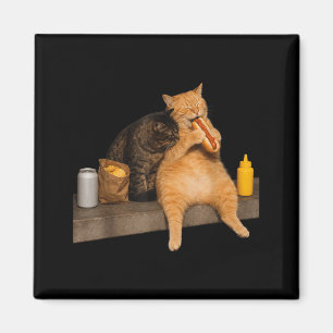Rolig Katt som äter Hot Dog Vintage Katt Män Kvinn Magnet